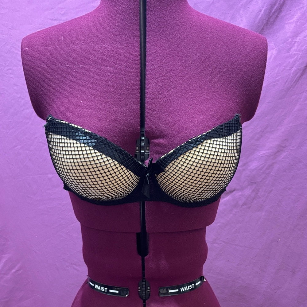 Black and Beige Fishnet Bra Black Fuchsia  By Secret Lace tag size cut